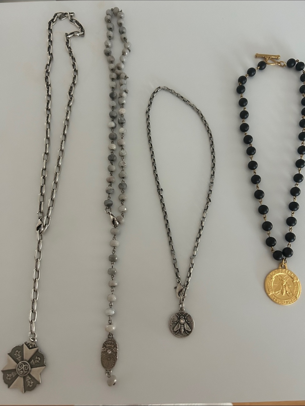 Mixed Metal and Bead Layered Necklace Set — Silver, Gray, Black, and Gold Tones